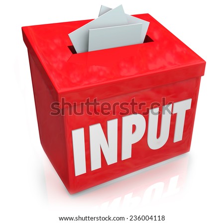 Input word on a 3d red box to illustrate collection of feedback, comments, reviews, criticism and ideas to improve or succeed in reaching goals
