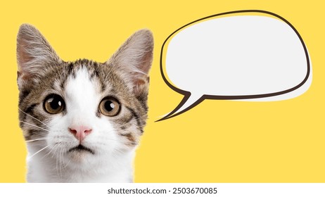 Inquisitive cat with a blank speech bubble on a bright yellow background. - Powered by Shutterstock