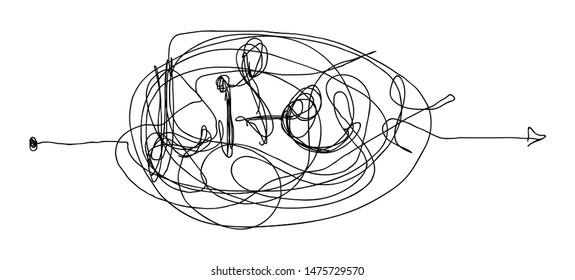 Insane Random Line In The Form Of An Inscription Life. Complicated Clew Way. Tangled Scribble  Path. Chaotic Difficult Process.