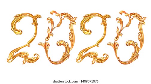 The inscription "2020". New Year's Day, lettering from the golden baroque pattern to the new year. - Shutterstock ID 1409071076