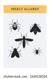 Insect Allergy Icons Set. Cartoon Isolated Allergen Like Mite, Bugs, Bee, Hornet And Wasp. Banner Template With Allergy Risk Factors