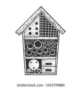 Insect hotel house sketch engraving raster illustration. T-shirt apparel print design. Scratch board imitation. Black and white hand drawn image.