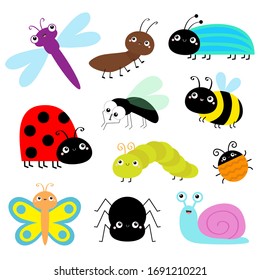 Insect icon set. Lady bug Caterpillar Butterfly Bee Beetle Spider Fly Snail Dragonfly Ant Lady bird. Cute bugs. Cartoon kawaii funny doodle character. Flat design. White background