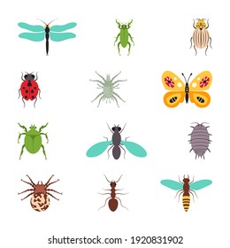 Insects icons flat set isolated  illustration
