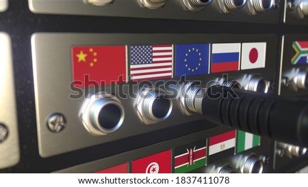 Inserting connector into a socket with flag of the eu. translation or online connection concept,  animation 3D rendering