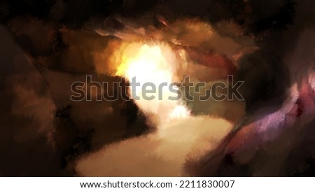 Inside a beautiful cave. Sunlight is streaming in from the entrance. Illustration size ratio is 16:9. Watercolor style background illustration.