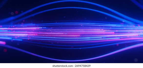 Inside Bigdata light speed data flow. Abstract digital data stream of quantum computing. Cyberspace of qubit trails. Modern tech information transmission. 3D Illustration
