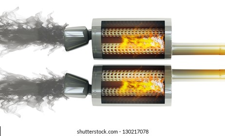 Inside. Car Exhaust Pipe Fire And Smoke Isolated On White Background High Resolution 3d Illustration