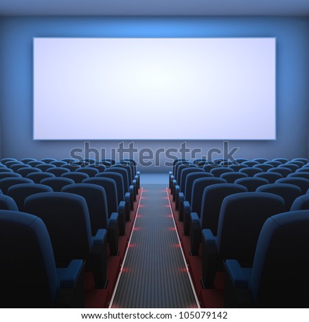 Inside of the cinema. Several empty seats waiting the movie on the screen. Your text or picture on the white screen.