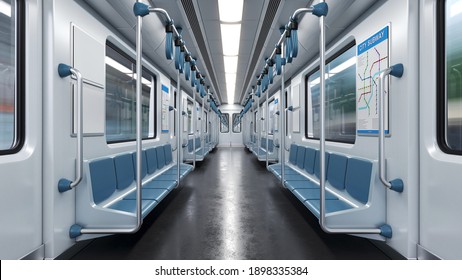 Inside Empty Subway Car, Metro Car Empty Interior 3d Rendering