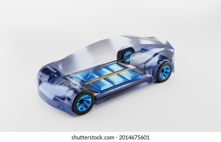 Inside Ev Car. Battery Pack Rechargeable Cells Inside. Chassis Components. 3d Illustration