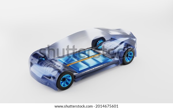 Inside ev car. battery pack rechargeable\
cells inside. chassis components. 3d\
Illustration