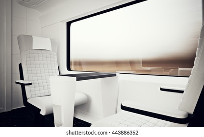 Inside First Class Cabin Modern Speed Express Train.Comfortable Seat Table Business Travel.3D Rendering.