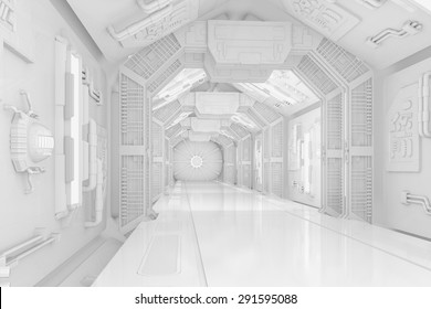 Inside The Hallway Of A Futuristic Science-fiction Spaceship (3D Rendering)
