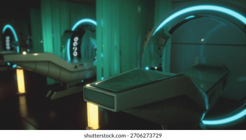 Inside a high tech research facility on Mars, sleek equipment and glowing elements create an atmosphere of innovation and exploration. Green lighting enhances the futuristic setting.