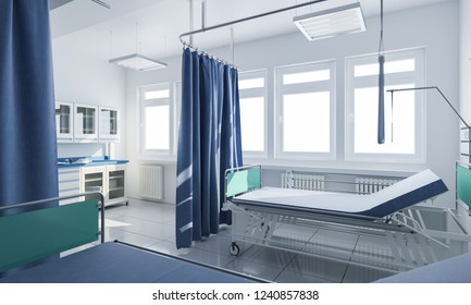 Inside A Hospital With Beds Curtains And Medical Cabinet 3d Rendering