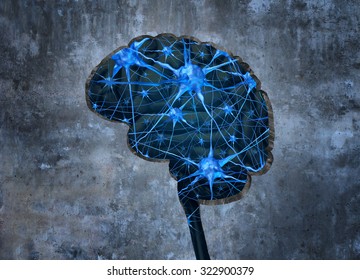 Inside human neurology research concept examining the mind of  human memory loss or cells due to dementia and other neurological diseases as a hole shaped as a brain in a cement wall with neurons.