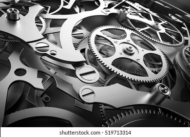 Inside mechanism, clockwork with working gears. Close-up, detailed. 3D rendering