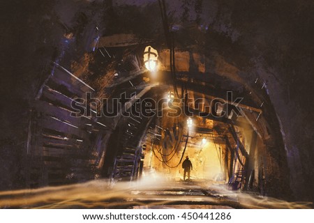 inside of the mine shaft with fog,illustration,digital painting
