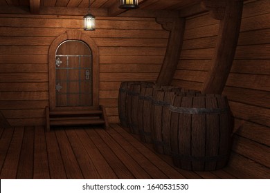 Inside old ship. Hold or cabin of a ship background. 3d illustration of pirate cabin. Mixed media.