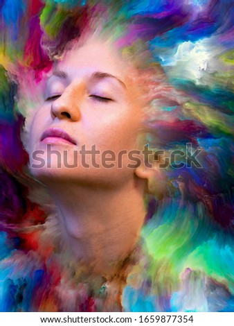 Inside Outside series. Background composition of  female portrait fused with vibrant paint on the subject of feelings, emotions, inner world, creativity and imagination