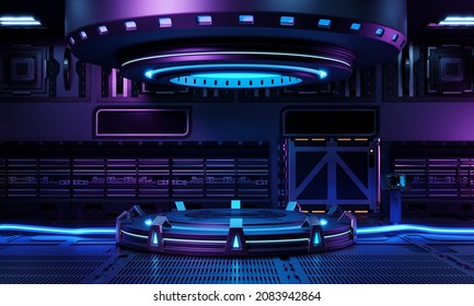 Inside Spaceship Laboratory Interior Architecture And Empty Podium For Cyberpunk Product Presentation. Technology And Sci-fi Concept. 3D Illustration Rendering