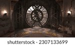 Inside the steampunk tower. View from the inside of a Huge dial of a mechanical watch on a steampunk street. Vintage wallpaper. Victorian style furnishings. Stone walls. Photorealistic 3D illustration