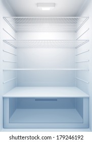 Inside View Of An Empty Modern Fridge With Blue Light