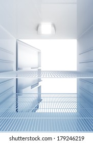 Inside View Of An Empty Modern Fridge With Blue Light