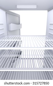 Inside View Of An Empty White Fridge With Open Door