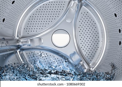 Inside Washing Machine, Drum Of Front-loading Washing Machine With Water Closeup, 3D Rendering 