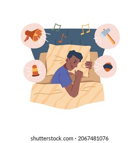 Insomnia And Sleep Problems Of Man, Angry And Annoyed Personage Laying In Bed Thinking Of Different Sources Of Noise From Everywhere. Restless And Tired. Cartoon Character In Flat Style