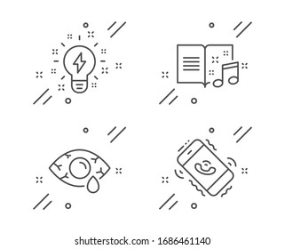 Inspiration, Music Book And Ð¡onjunctivitis Eye Line Icons Set. Call Center Sign. Creativity, Musical Note, Optometry Clinic. Phone Support. Business Set. Line Inspiration Outline Icon.