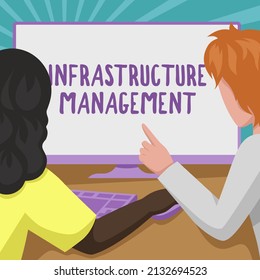 Inspiration Showing Sign Infrastructure Management. Business Idea Minimize Downtime, Maintain Business Productivity Couple Drawing Using Desktop Computer Accomplishing Their Work.