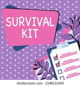 Inspiration Showing Sign Survival Kit. Internet Concept Emergency Equipment Collection Of Items To Help Someone Clipboard Drawing With Checklist Marked Done Items On List.