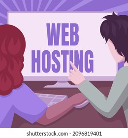 Inspiration showing sign Web Hosting. Word Written on business allowing access to a server to store data in a website Couple Drawing Using Desktop Computer Accomplishing Their Work.