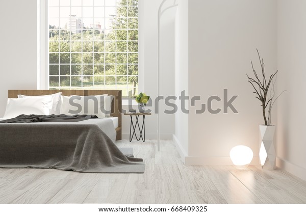 Inspiration White Bedroom Green Landscape Window Stock