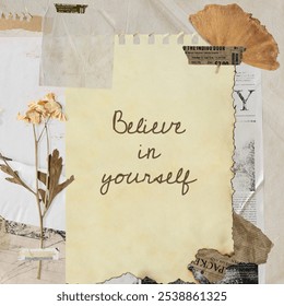 Inspirational collage with 'Believe in yourself' message. Features dried flowers, paper textures, and motivational text. Encourages self-belief and positivity. Inspirational quote background. - Powered by Shutterstock