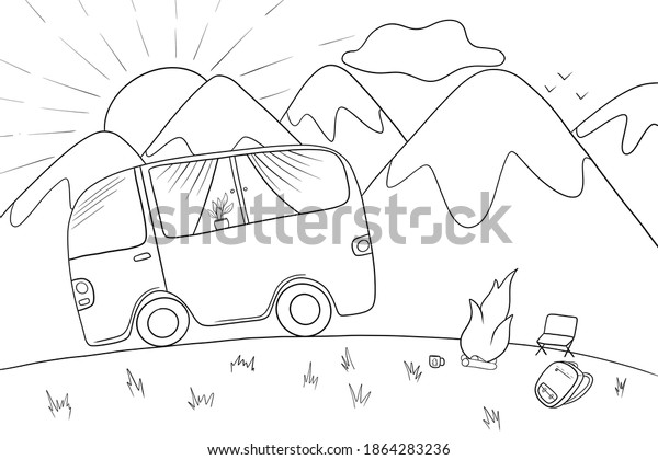 inspirational\
coloring book with car travel mountain landscape and campfire\
campfire for free time and\
development