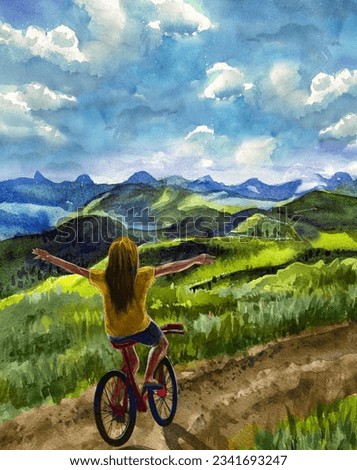 Inspirational postcard. The girl rides a bicycle on the green hills among the mountains. Watercolor drawing.