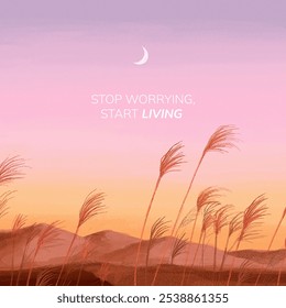 Inspirational sunset scene with crescent moon. Stop worrying, start living. Motivational quote with sunset, moon, and nature. Peaceful sunset, calming nature. Inspirational quote background. - Powered by Shutterstock