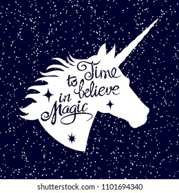 Inspiring unicorn silhouette head on falling snow background. unicorn magic head silhouette, dream fantasy and inspirational lettering illustration