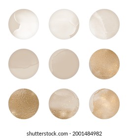 Instagram Social Media Highlight Cover Icon Or Web Button. Abstract Nude Blush Beige Color Minimal Circle Round Dot Shapes In Watercolor Stain Stamp Gold Pattern Texture. For Beauty, Cosmetics Make Up