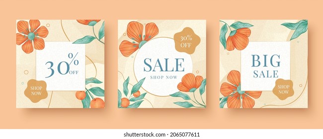 Instagram Social Media Post Or Feed Background Templates. Boho Watercolor Design With Floral Pattern Layout. Suitable For Autumn Sale, Fashion And Cosmetics Promo