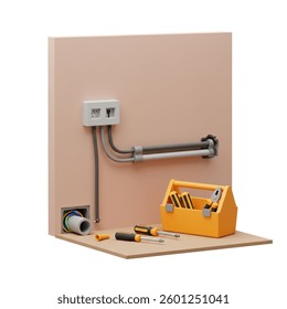 Installing electrical wiring with a toolbox and tools ready to complete the job Use for home improvement and DIY projects.