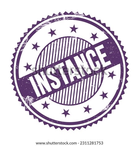 INSTANCE text written on purple indigo grungy zig zag borders round stamp.