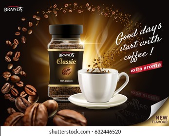 instant arabica coffee ad, surrounded by countless coffee bean elements, 3d illustration 