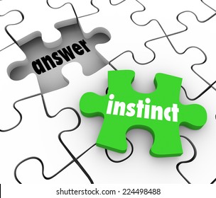 Instinct Word On A Green Puzzle Piece To Find Solution To Problem With Gut Feeling Or Intuition