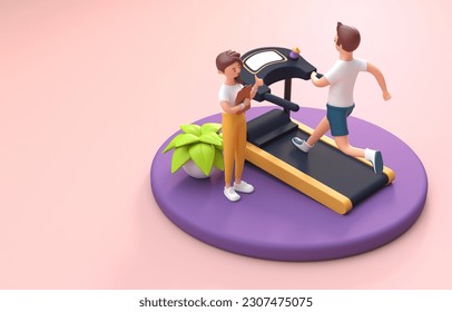 Instructor with a Man Running on Treadmill in Gym. 3D Illustrati - Powered by Shutterstock