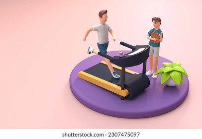 Instructor with a Man Running on Treadmill in Gym. 3D Illustrati - Powered by Shutterstock